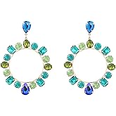 Denifery Rhinestones Circle Dangle Drop Earrings Statement Iridescent Earrings Boho Crystal Stud Earrings for Wedding Prom Bridal Earrings (Blue&Green)
