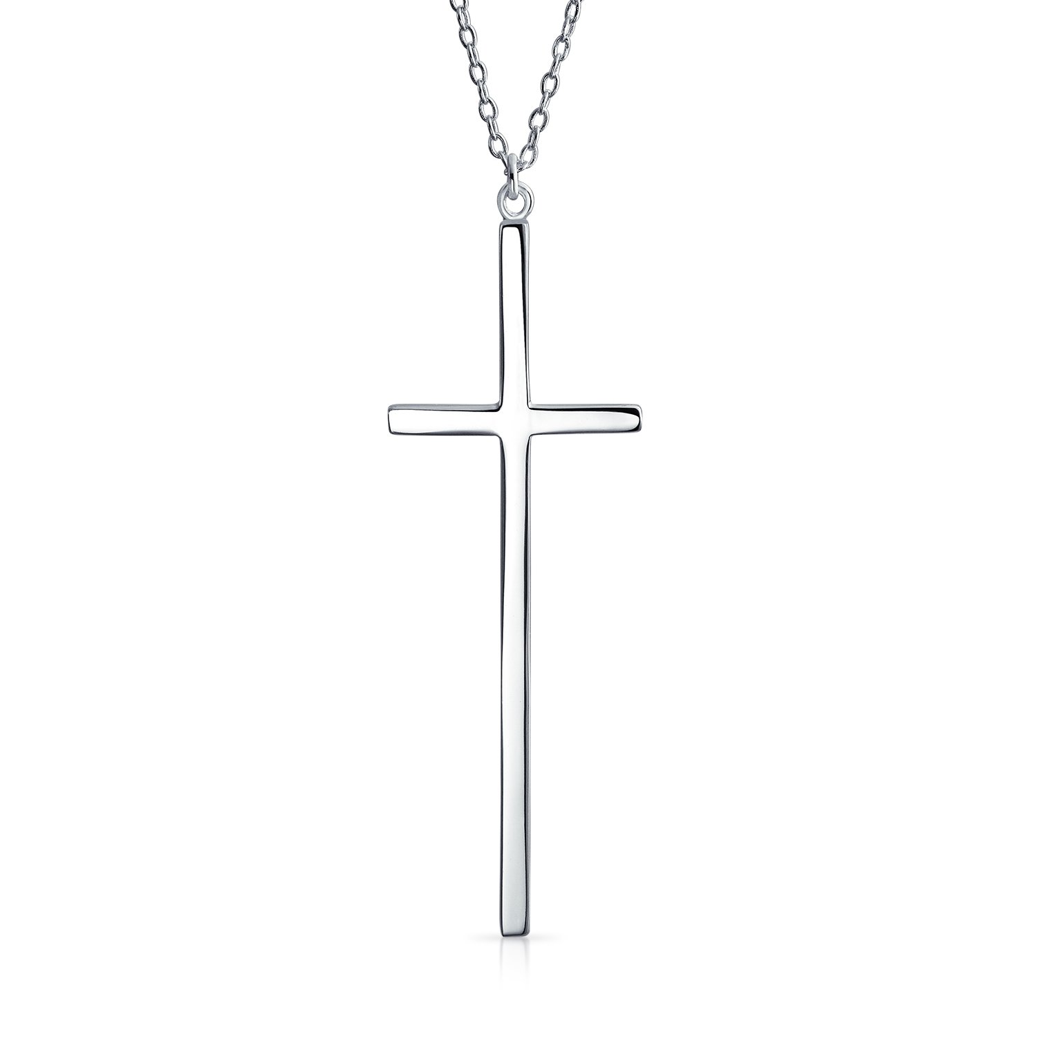 Bling Jewelry Modern Elongated Simple Basic Long Flat Thin Delicate Religious Latin Cross Pendant Necklace For Women Teen .925 Sterling Silver — image 1