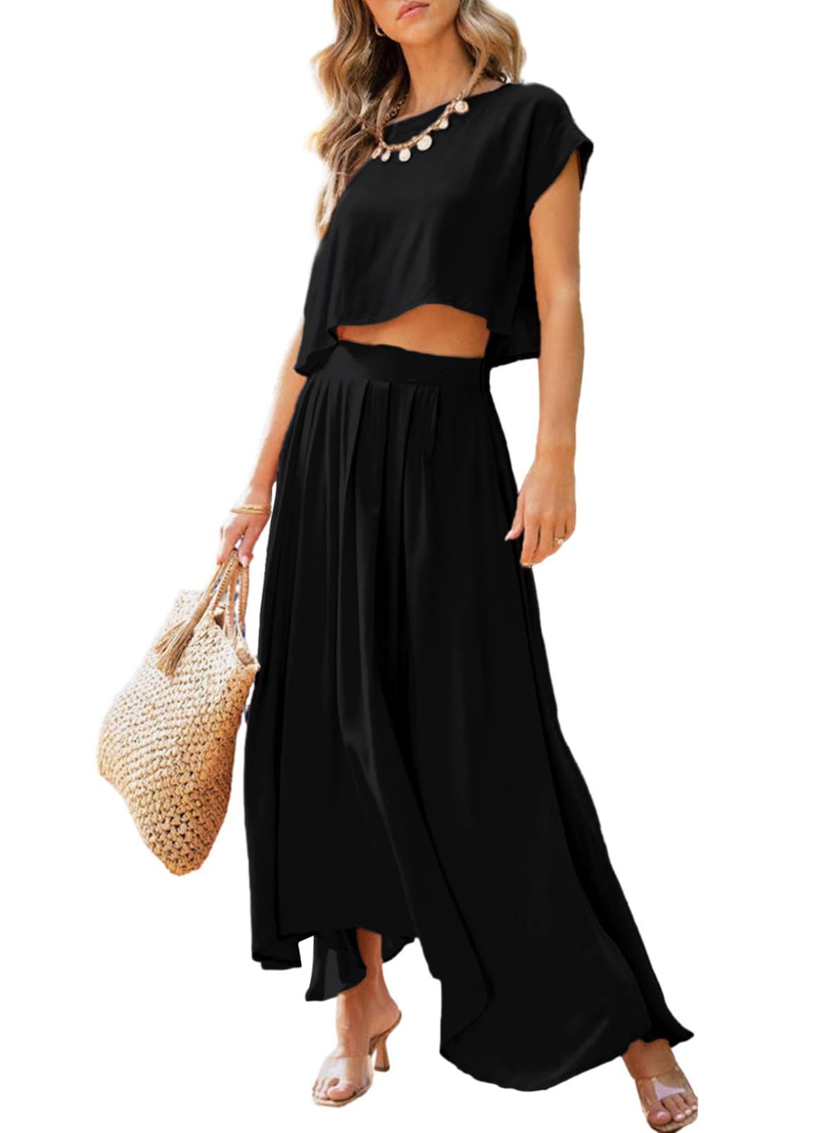 Photo 1 of Dokotoo Black Dresses for Women: 2 Piece Skirt Sets, Short Sleeve Round Neck Tops & Maxi Dresses for Summer, Beach & Resort Wear in Large Size