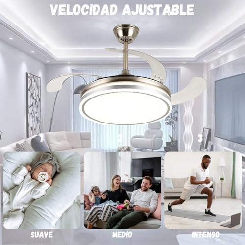 Megaluz F8585-42 Ventilador de techo con luz led y control remoto y APP, 42 pulgadas, luz fría, cálida y neutra, aspas retractiles, Abanico de techo 3 velocidades y motor silencioso (Metal satinado).