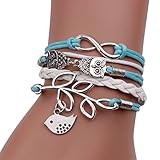 Kingfansion Vintage Handmade Infinity Silver 8 Owl Leaf Bird Leather Bracelet Wristband New