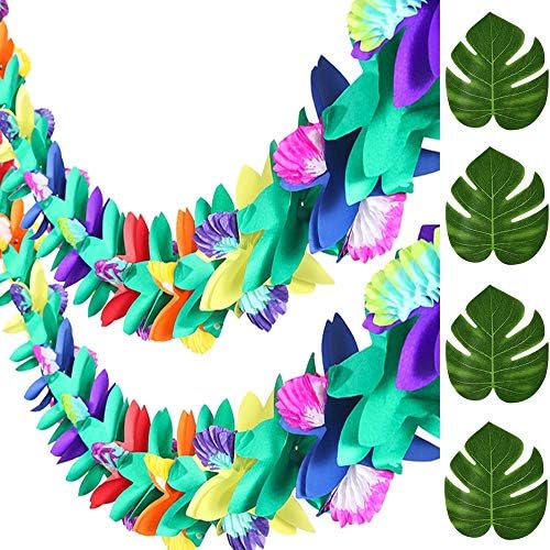2PCS Flower Banner Tropical Multicolor Tissue Garland Plus 12PCS Faux Monstera Tropical Palm Leaves for Hawaiian Luau Party Suppliers Aloha Jungle Beach Birthday Decorations,Indoor,Outdoor
