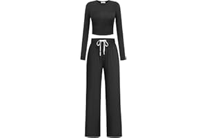 PINSPARK Women 2 Piece Lounge Set Long Sleeve Cropped Top Wide Leg Pants with Pockets 2024 Fall Outfits Matching Tracksuit