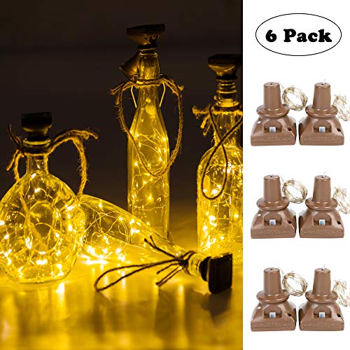 Solar Powered Wine Bottle Lights, 6 Pack 20 LED Waterproof Outdoor Solar Fairy String Cork Lights for Wedding Christmas,Holiday, Garden, Patio Tabletop Decor (White Warm)