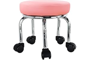 WKWKER Modern Roller Seat PU Leather Low Round Rolling Stool 360 Swivel Small Stool with Universal Caster Wheels for Home Office Garage Shop Fitness Sport H:12.4" (Pink)