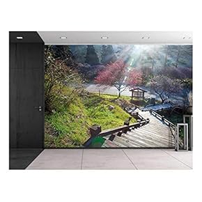 Stairway Going Down a Hill to a Kiosk with Pink Cherry Blossom Trees - Wall Mural, Removable Sticker, Home Decor - 66x96 inches