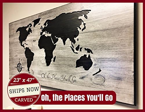 Discounted, Wooden Map, World Map Wall Decor, Wood Wall Art, 23 x 47, Oh the Places, Dr Seuss, Quote Sign, Nursery, Wedding