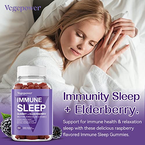 VEGEPOWER Immune Sleep Gummy - Melatonin & Elderberry, Echinacea, L-theanine, Lemon Balm, Zinc, Vitamin C, Immune and Sleep Support for Adults, Vegan - Rasp Flavor, 60 Bears
