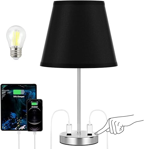 Innqoo Touch Control Table Lamp Modern Black Nightstand Lamp With 2 Ac Outlets 3 Way Dimmable