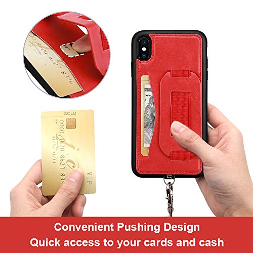 TOOVREN Case for iPhone Xs Max, Lanyard iPhone Xs Max Wallet Cases with Card Holder Slot, Neck Strap Finger Phone Loop Foldable Kickstand Purse Cover for Women Men - Red
