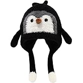 AMOFIA Girls Penguin Knit Hat Boys Cartoon Warm Fuzzy Beanie Winter Novelty Fleece Lining Cap with Ear Flap 2-9 Years