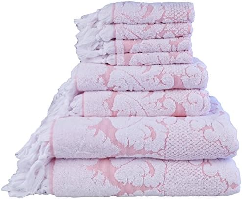 Nysa Floral Ornament Design Knotted Hem Jacquard 8 Piece Towel Sets - 100 Percent Genuine Turkish Cotton - Made in Turkey (Pink)