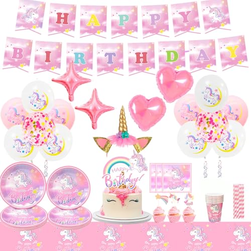Unicorn Supplies Birthday Party - 130 Pieces Kit Unicorn Birthday Plates Unicorn Cups Napkins Table Cloth Banner etc Party Supplies Theme