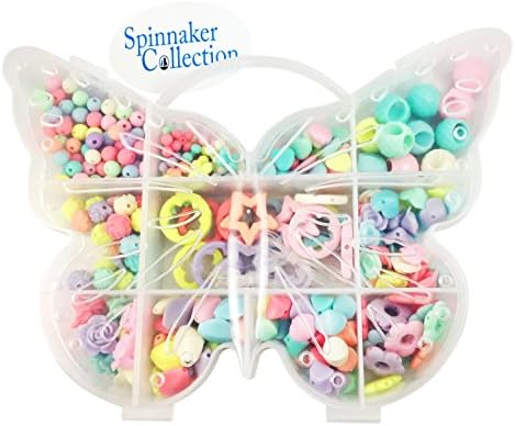 Bead Kit in Butterfly Box with Handle - Plenty of elastic (6.5 feet total, in two lengths) to make Bracelets or Necklaces - Spinnaker Collection