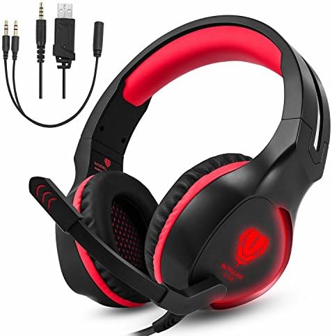 Gaming Headset, Makibes Stereo Over Ear Noise Cancelling Wired Headphones with Microphone LED Light for PS4, Xbox One, Nintendo Switch, PC Red