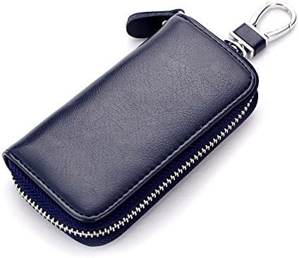 Daixers Leather Zip Pocket Key Organizer Case Car Key Holder with 6 Hooks (Navy)