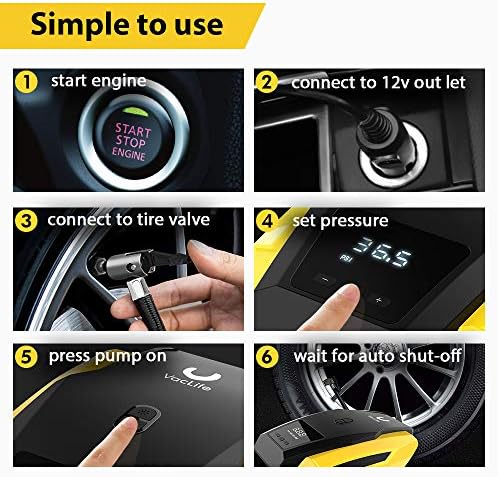 VacLife Air Compressor Tire Inflator, DC 12V Portable Air Compressor for Car Tires, Auto Tire Pump with LED Light, Digital Air Pump for Car Tires, Bicycles and Other Inflatables 7 51I2jfi%2BQTL. AC