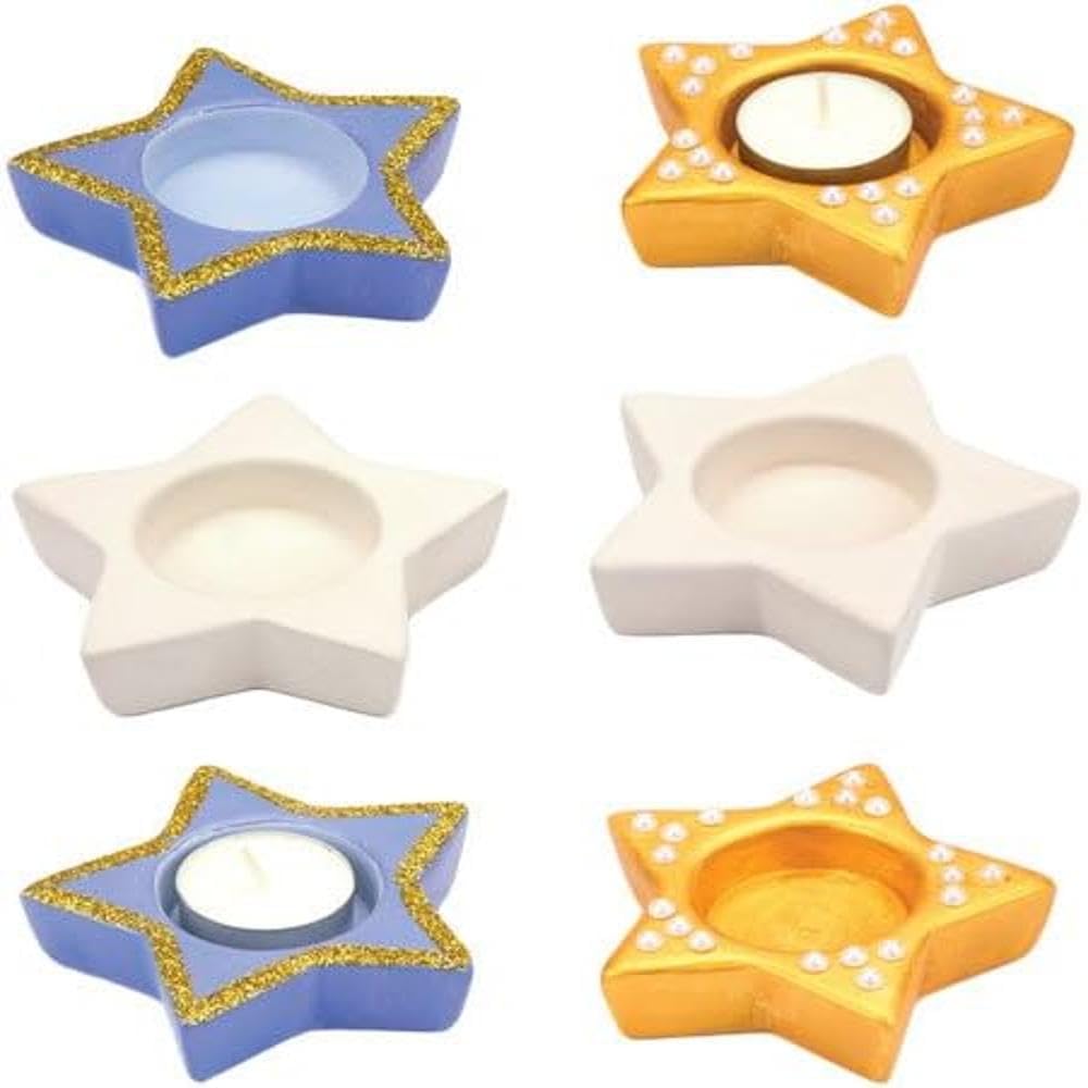 Baker Ross Star Ceramic Tealight Holders, 4 Assorted, 10cm, 43mm Diameter, Perfect for Christmas Arts, Crafts & Decorating for Boys and Girls