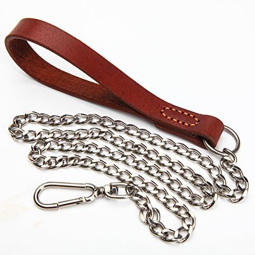 SteelPet 4Ft Steel Heavy Dog Chain Leash For Big Breeds 40-60Pound, Leather Cowhide Handle(3MM)