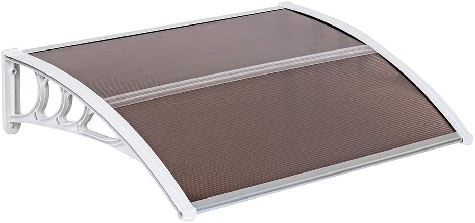 Lotsfun Door Window Awning Modern Canopy Patio Outdoor Cover Front Door Rain Snow Protection Polycarbonate Hollow Sheets,Aluminum Brackets ((39.37 x 31.5 x 9.06), Brown Board & White Holder)