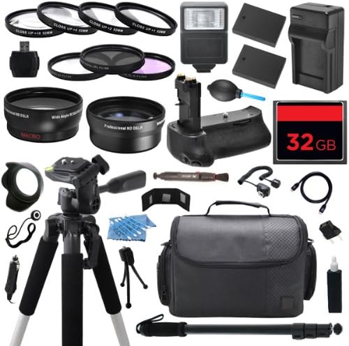 The Everything You Need Digital Camera DSLR Ultimate Package includes (2) High Capacity EL3 EN-EL3 EN-EL3E Replacement Battery with Car/International Charger + 32GB Memory Card + Deluxe DSLR Travel Case + 67mm 0.43x High Definition AF Wide Angle Lens + 2.2x AF Telephoto Lens + Multi Coated HD 3 Pc. Digital Filter Set + 4pc HD Macro Close Up Filter Set + Full Size Pro Series DSLR Digital Camera 57” inch Tripod + 67” inch Lightweight Monopod + Universal Digital Camera Flash + Professional Multi-Power Battery Grip Holder (Replacement for MB-D10 MBD10) + More for Nikon D300 D300s D700 (Compatible with 67mm Lens Filters Diameter Only: Nikon AF-S DX NIKKOR 16-85mm f/3.5-5.6G ED VR, 18-105mm f/3.5-5.6G ED VR, 28mm f/1.8G, 35mm f/1.4G, 70-300mm f/4.5-5.6G IF-ED, 70-200mm f/4G ED VR)