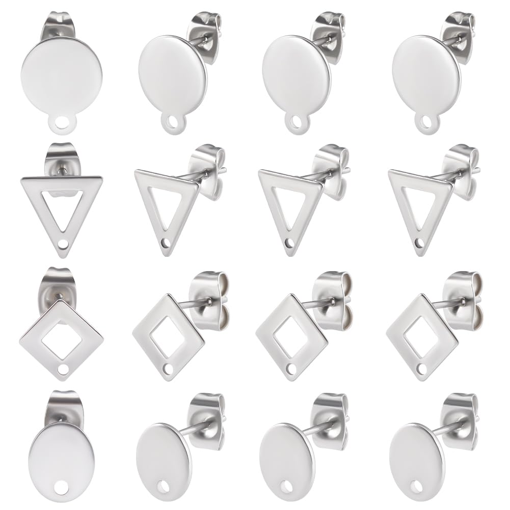 Beebeecraft 80Pcs 4 Styles Stainless Steel Earring Posts Oval Flat Round Triangle Rhombus Earring Studs Findings with Loop for DIY Women Earring Making Supplies