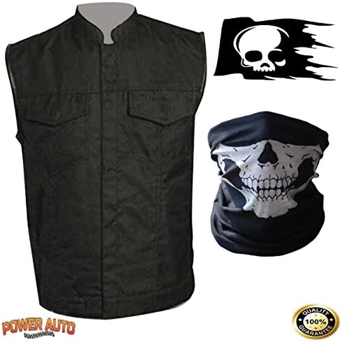 Men's Sons Of Anarchy Black Textile SOA Motorcycle Biker Vest Inside Gun Pockets - Zipper &amp; Snap Front Closure - Single Panel Back For Club Patch/Patches PLUS Skull Decal &amp; Skeleton Face Mask (4X)