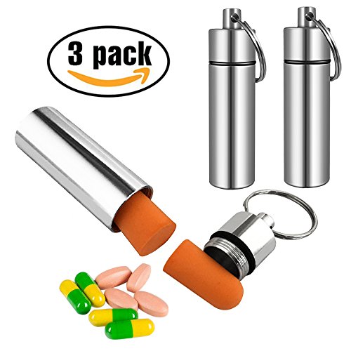 3 Packs Aluminum Waterproof Pill Holder, Effiet Pillbox Case Fob Medicine Bottle Drug Holder Compact Container Keychain Pill Box Case with Bonus Earplug Ear Plugs (Silver) - Thumbnail 7
