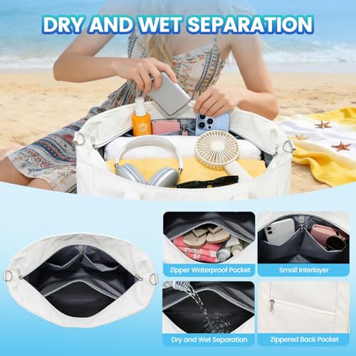 Virape Beach Bag XXL Family Drawstring Fabric - Women's Beach Bag Large with Zip & Waterproof Bag, Wet/Dry Separation - Fashionable Shoulder Bag for Beach Pool Camping Holiday