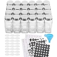 Aozita 24 Pcs Glass Spice Jars/Bottles - 4oz Empty Square Spice Containers with 612 Spice Labels - Shaker Lids and Airtight Metal Caps - Silicone Collapsible Funnel Included