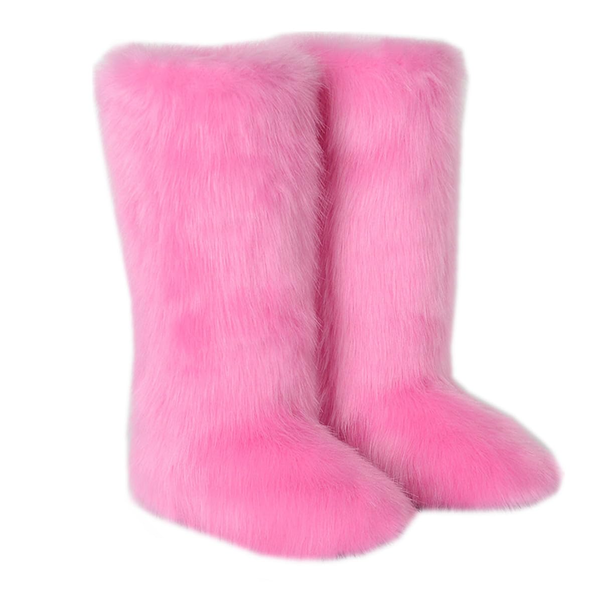 Photo 1 of QMFUR Women's Furry Faux Fur Boot Fluffy Knee High Snow Boots Round Toe Suede Winter Comfy Plush Warm Outdoor Indoor Flat Shoes Fashion Boots (Pink-1, Adult, Women, 6, Numeric, US Footwear Size System, Medium)