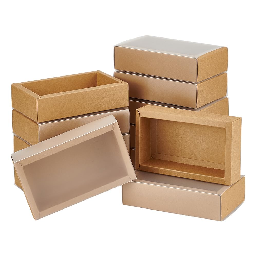 BENECREAT 12 Pack Kraft Paper Gift Boxes with Clear Lid 17x10x4cm PVC Frosted Cover Kraft Paper Drawer Box for Cake Cookie Candy Soap Jewelry Weeding Party Favors, BurlyWood