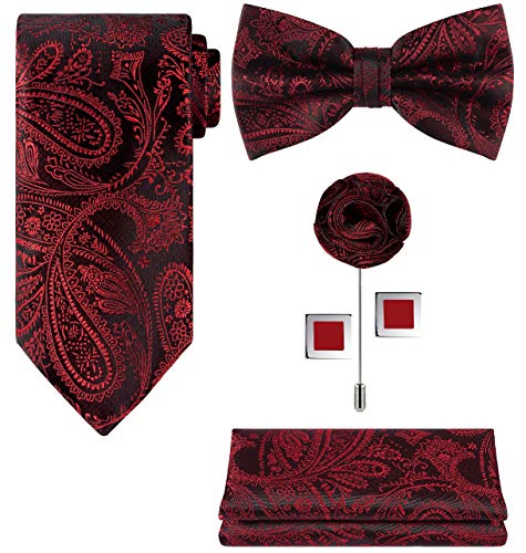 Tie G .5pcs Tie set in a gift box : Tie sets : Solid color Neck tie,Satin Bow tie,Pocket Square, Lapel, Cuffs link (Red,Black Pailsey) - Thumbnail 7