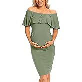 VmSlyii Ruffle Off Shoulder Maternity Dress Ruched Side Bodycon Pregnancy Dress for Baby Shower/Photography