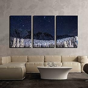 3 Piece Canvas Wall Art - Winter Landscape - Trees and Mountains with Snow Under The Starry Sky - Modern Home Art Stretched and Framed Ready to Hang - 16"x24"x3 Panels