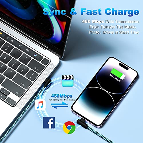 iPhone Charger 10FT 90 Degree Lightning Cable [Apple MFi Certified] 3 Pack iPhone Cable Right Angle Nylon Braided iPhone Cord Compatible with iPhone14/13/12/11/Pro Max/Pro/XS/X/8/7/iPad(10Feet)