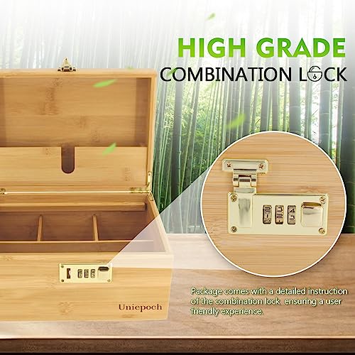 Uniepoch Stash Box with Combination Lock, Bamboo Storage Box Kit with 3pcs Smell-Proof Glass Jars, 2pcs Storage Tubes & 1pc Cleaning Brush, Large Stash Box with Rolling Tray