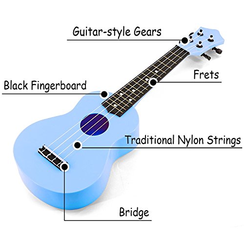 JYFY Toy Ukulele 21 inch Plastic Guitar with Strap Nylon String Tuner Guitar Picks Ukulele Strings Bag Cleaning Cloth for Toddler Kids Children Ukulele Learner Beginner Gift Macarons Color Blue
