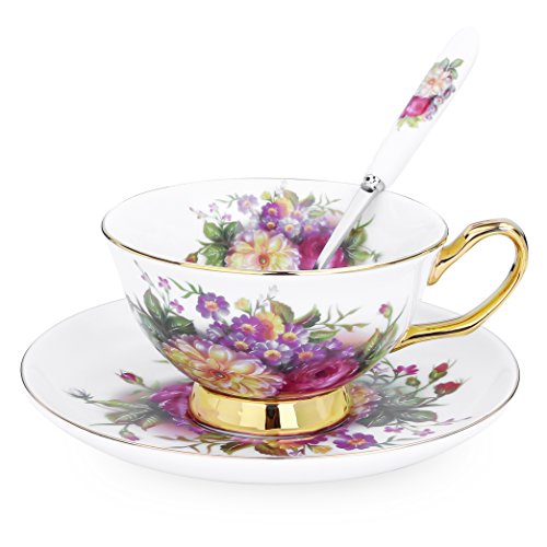 ARTVIGOR 12-Piece New Bone China Coffee and Tea Service Set, Floral Patterns 6.8oz / 200ml Cup & Saucer Sets with Spoons for 4