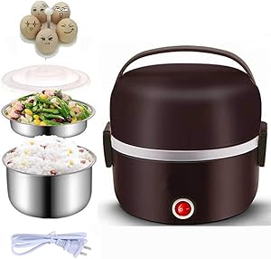 Electric Warmer Lunch Box Food Heater Portable Lunch Containers Warming Bento For Home Food Grade Material 2 Layers Steamer with Stainless Steel Bowls, Egg Steaming Rack, Cupring Cup