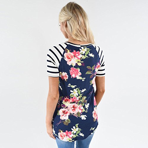 Pengy Clearance Women Short Sleeve Striped Floral Printed Blouse Shirt Tops (S, Blue)