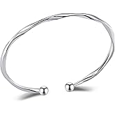 Desnuage Silver Twist Bracelet for Women - Elegant Wave Textured Adjustable Arm Cuff Bangle, Polished Silver Jewelry