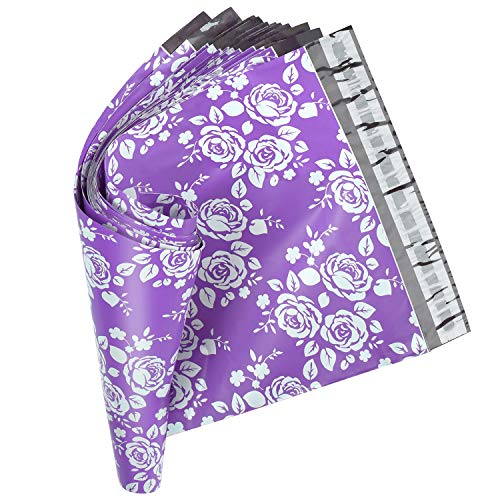 Metronic 10x13 Inch 100 Pack Rose Shipping Bags Envelopes Self Adhesive Poly Mailers in Purple Printed Rose Design with Waterproof and Tearproof Postal Mailing Bags