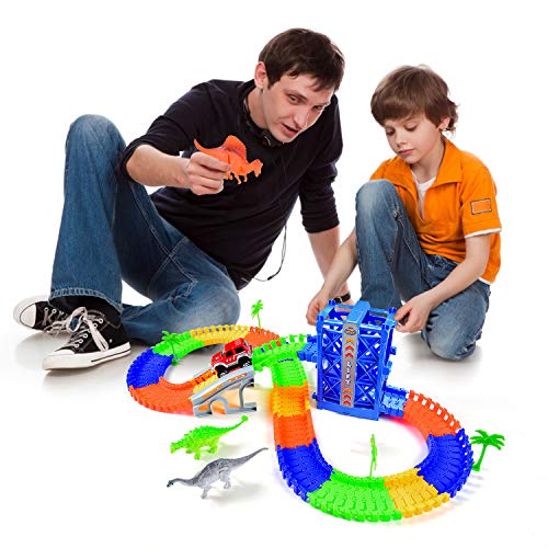 Fulljion Race Track Electric Car Large Lift Fast Sprint Flexible Track Playset Dinosaur World 120pcs 6.6ft Toy Train Set Tracks (1pcs Battery Included for Car)