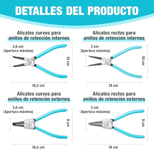 DURATECH 4 Piezas Alicates Circlip de 180 y 165 mm con Mango Antideslizante | Alicates para Anillos de Retención Internos y Externos, Puntas Rectas y Curvas, Acero al Carbono, Bolsa de Almacenamiento