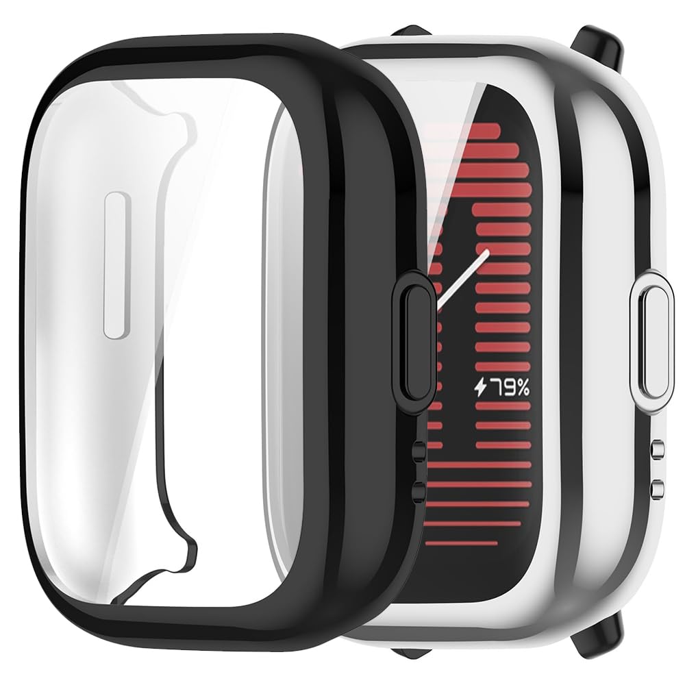 Msiall Case Compatible with Amazfit Active Protective Case, Flexible TPU Full Protection Screen Protector, Scratch-Resistant, Silver Black