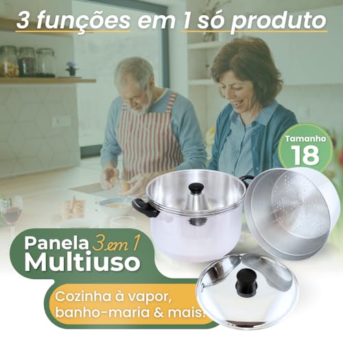 Panela 3 em 1 Multifuncional, Alumínio Polido, Conjunto com Panela Principal, Forma para Banho-Maria e Cesto Vapor, 2,5 Litros