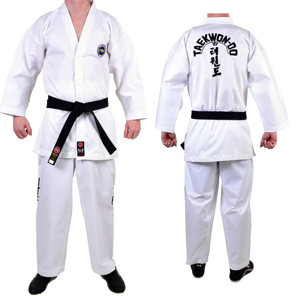 MAR | Taekwondo ITF White Uniform Suit Sparring Gear Unisex Kids & Adult Martial Arts ITF Gi Student Suit Gear Polycotton Medium Weight 8oz Fabric + FREE BELT (5/180)