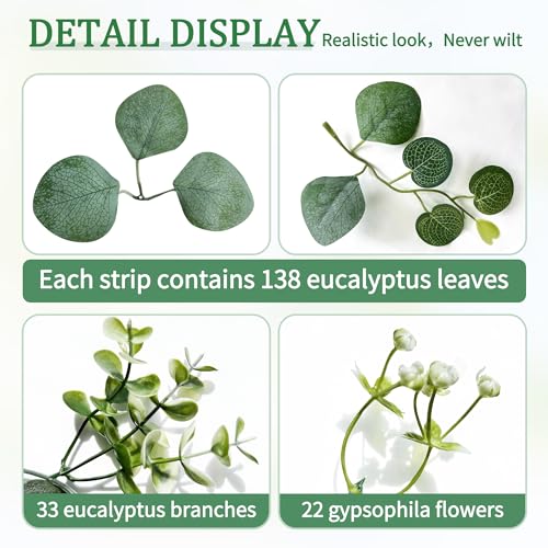 ROLLWAY Pack of 2 Eucalyptus Garland, Artificial Garland Plant, 1.8 m, Hanging Green Leaves, Decoration with White Flowers, Silver Dollar, Eucalyptus Vine, for Background, Wedding, Arch, Grey Green