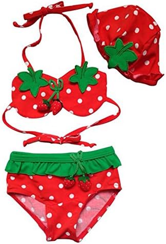 HLWLWOLFOYC Baby Girls Cute Strawberry Swimsuit Hat 3pcs Bikini Set Red